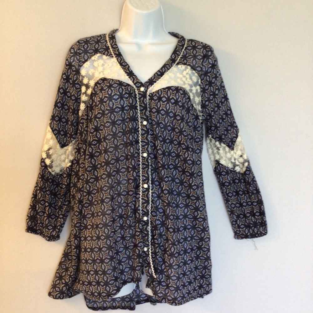Young Threads Shirt Womens Small Boho Navy Tunic Button Lace Phoebe Buffay